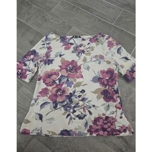 Floral Print Women's Tee - Cream with Pink & Purple Flowers